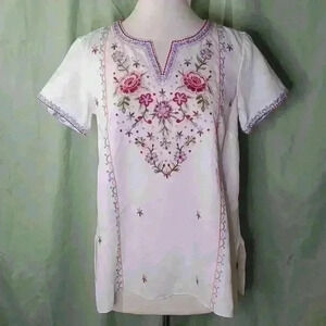 John Mark 100% Linen Floral Embroidered  Tunic Blouse Boho sz S